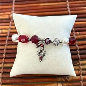 Red Bead and Faux Pearl Candy Cane Charm Bracelet